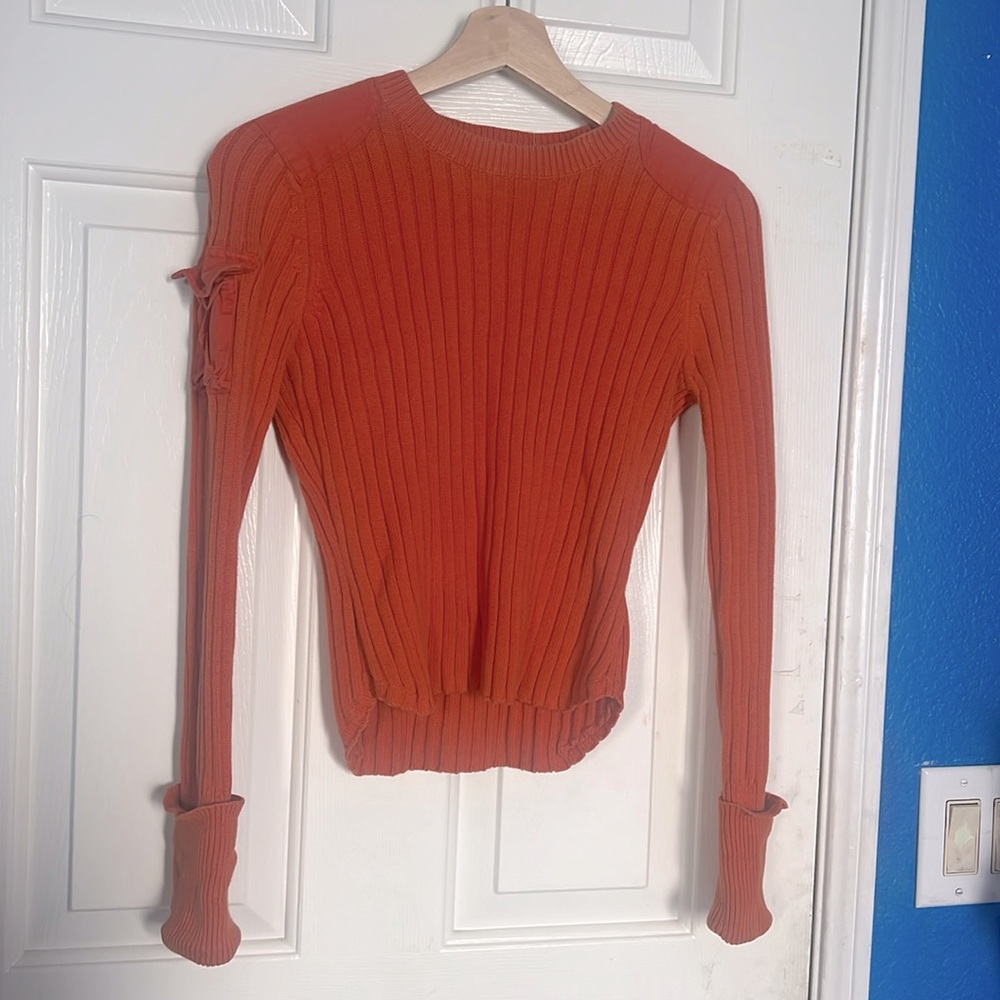 Velma Orange Long Sleeve Ribbed Sweater with Arm Pocket